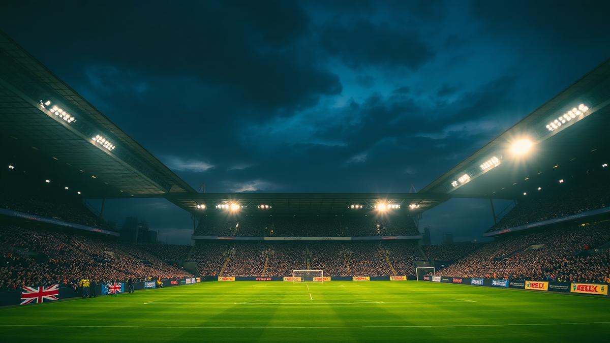 Premier League stadion i London under lys med fans og Union Jack