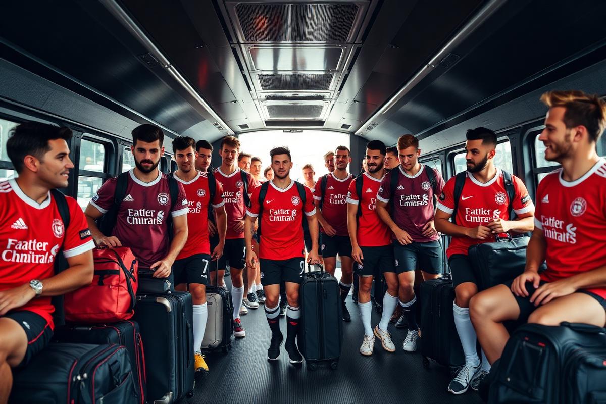 Fodboldhold på vej på sportsrejse med kufferter og sportsudstyr