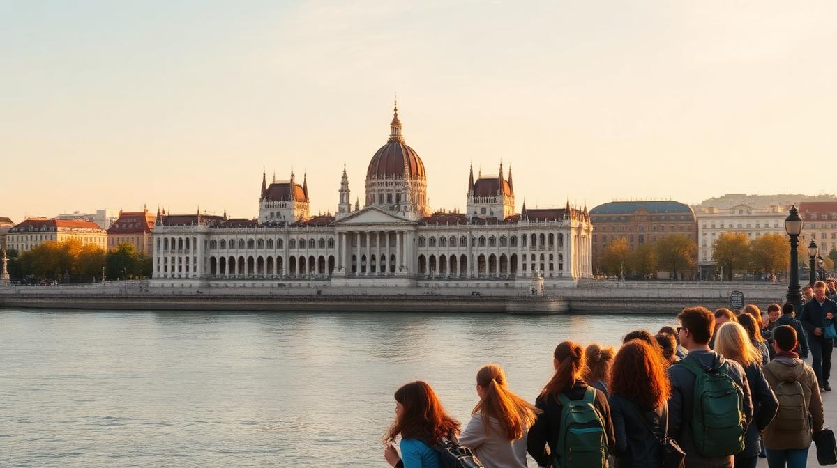 Elever på studietur i Budapest ved Parlamentsbygningen og Donau