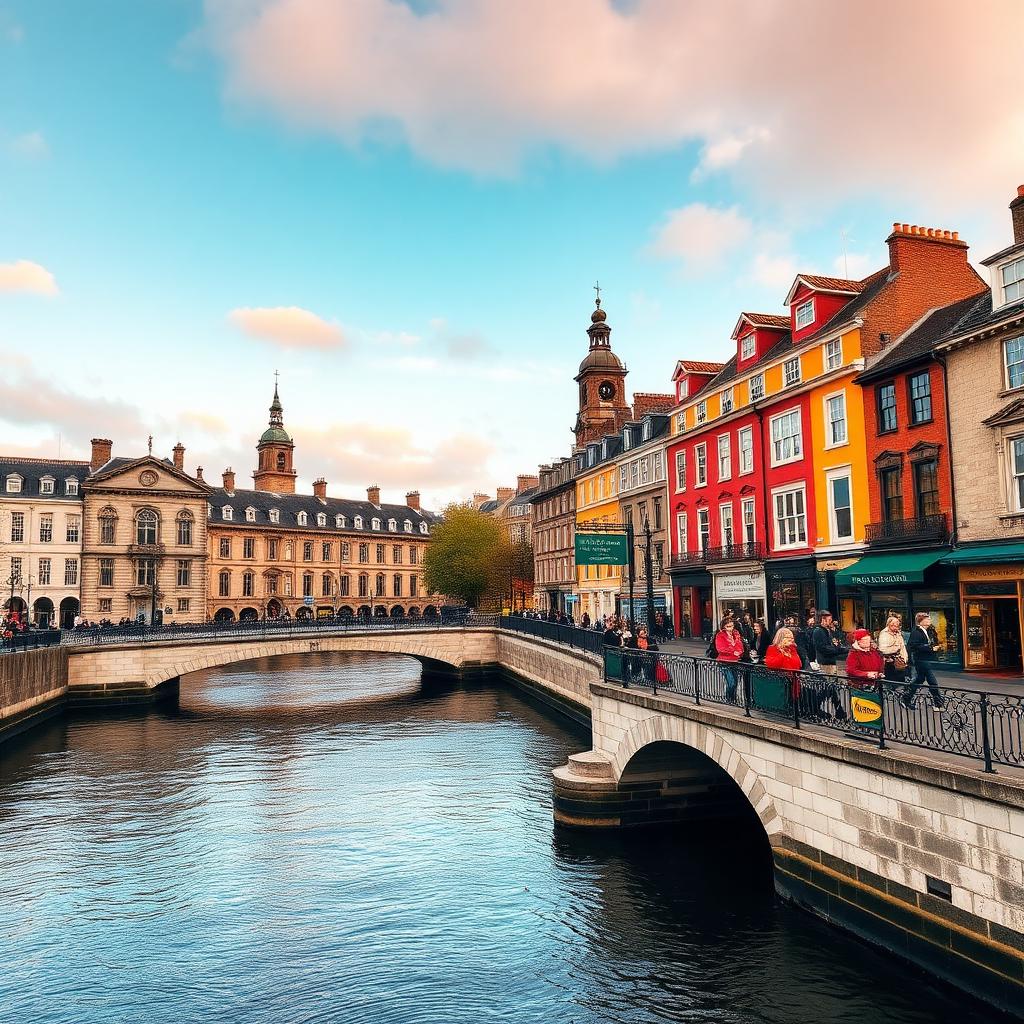 Elever på studietur i Dublin ved River Liffey og farverige bygninger