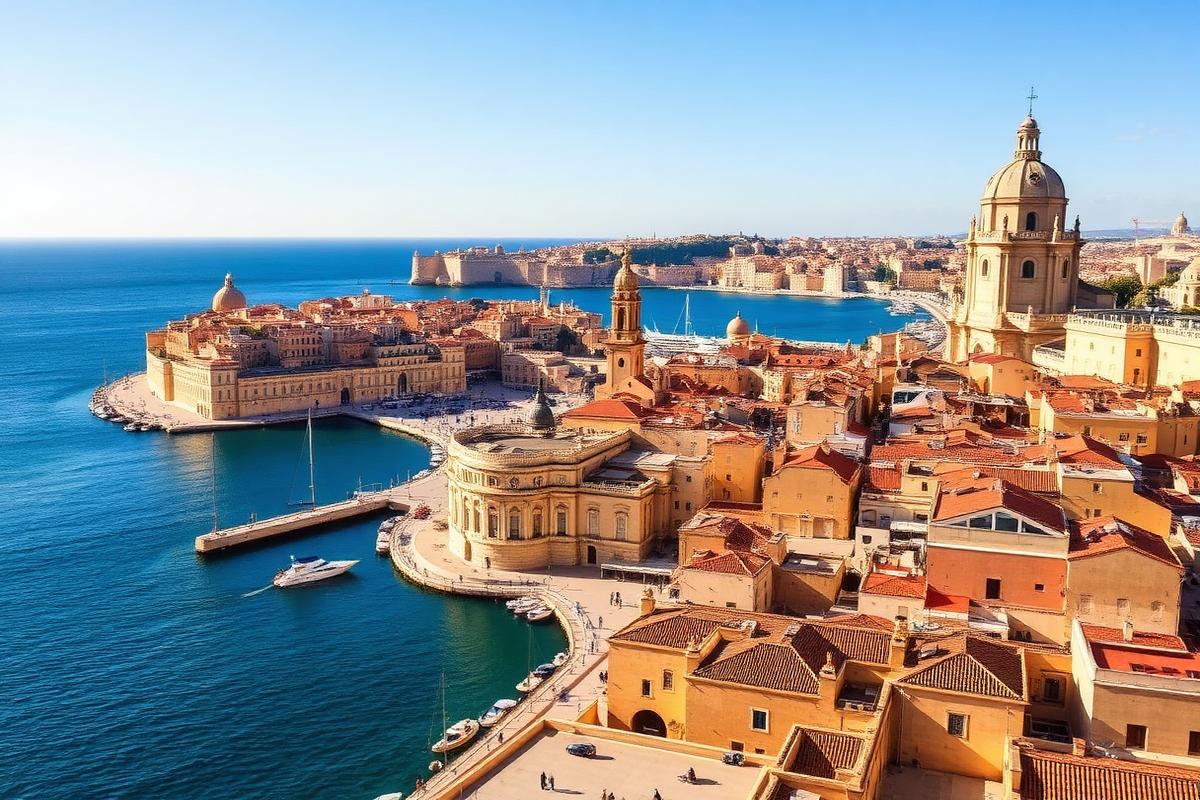 Elever på studietur i Malta ved Valletta havn og historiske bygninger