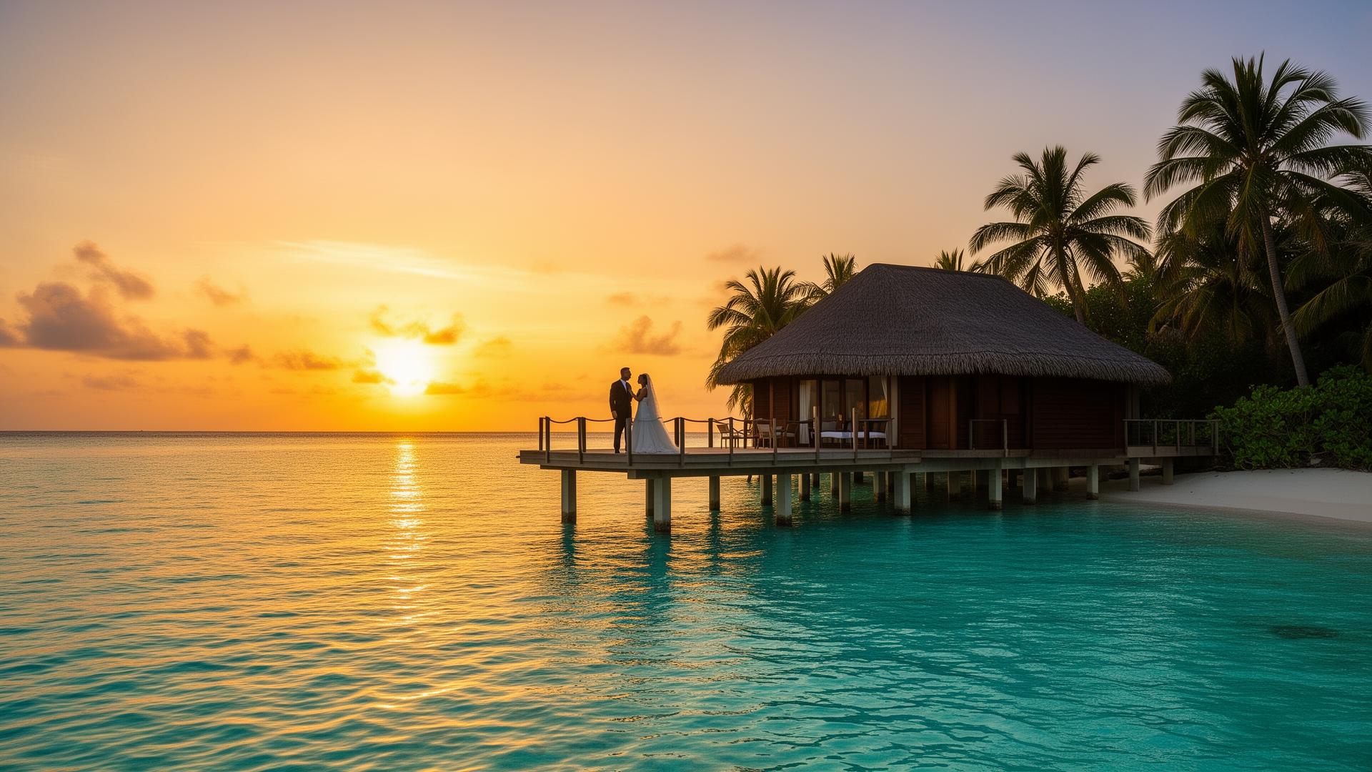 Romantisk honeymoon destination med overwater villa og solnedgang over havet