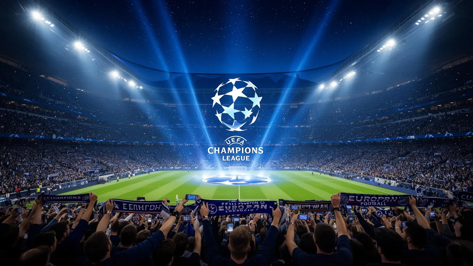 Champions League aften med dramatisk blå belysning og fans