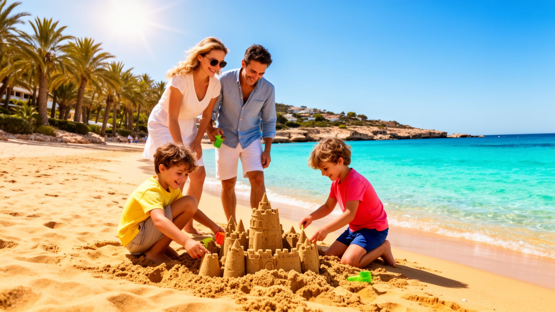Familie på stranden nyder ferien