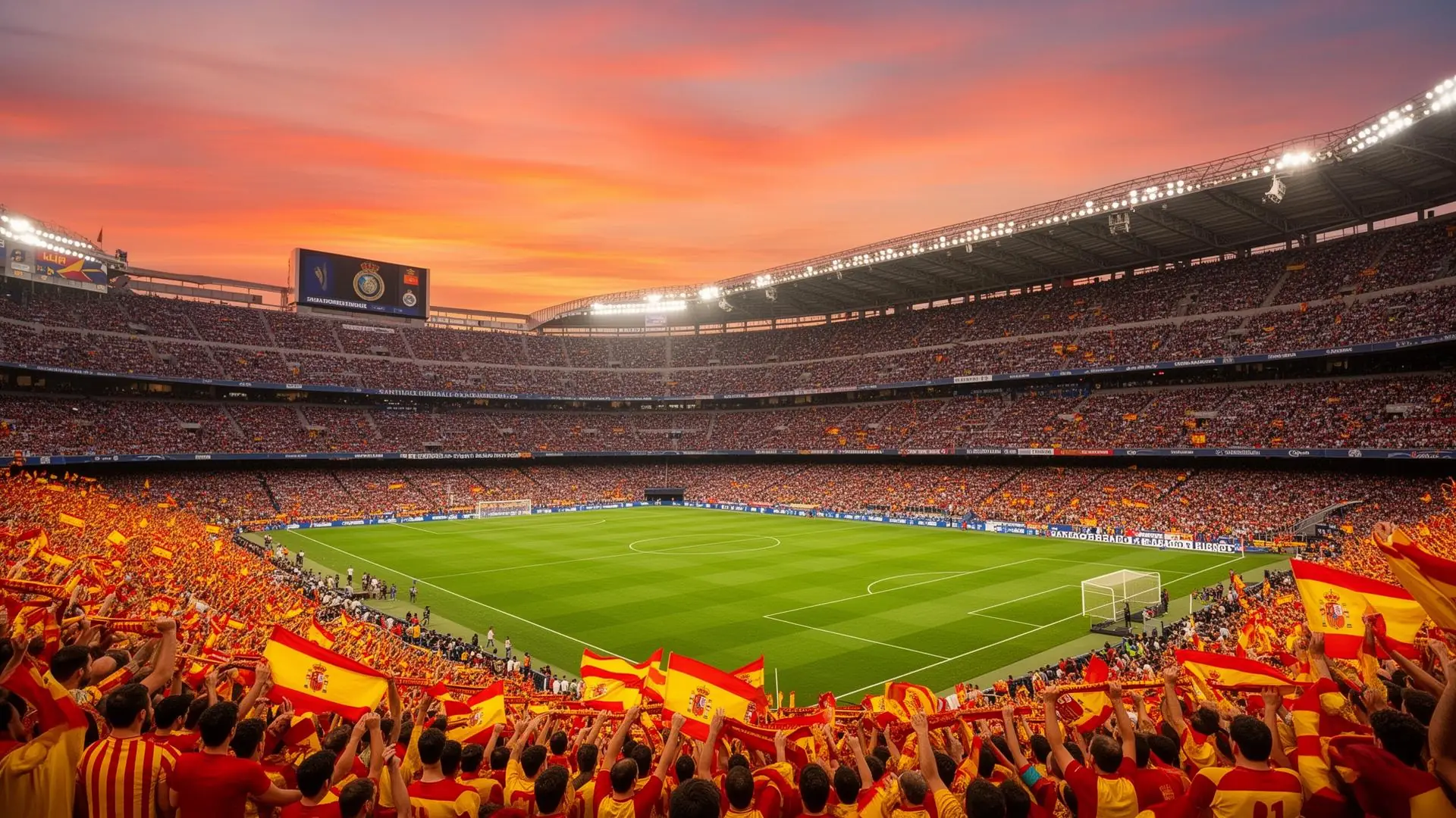 La Liga stadion med spansk fodboldatmosfære ved solnedgang