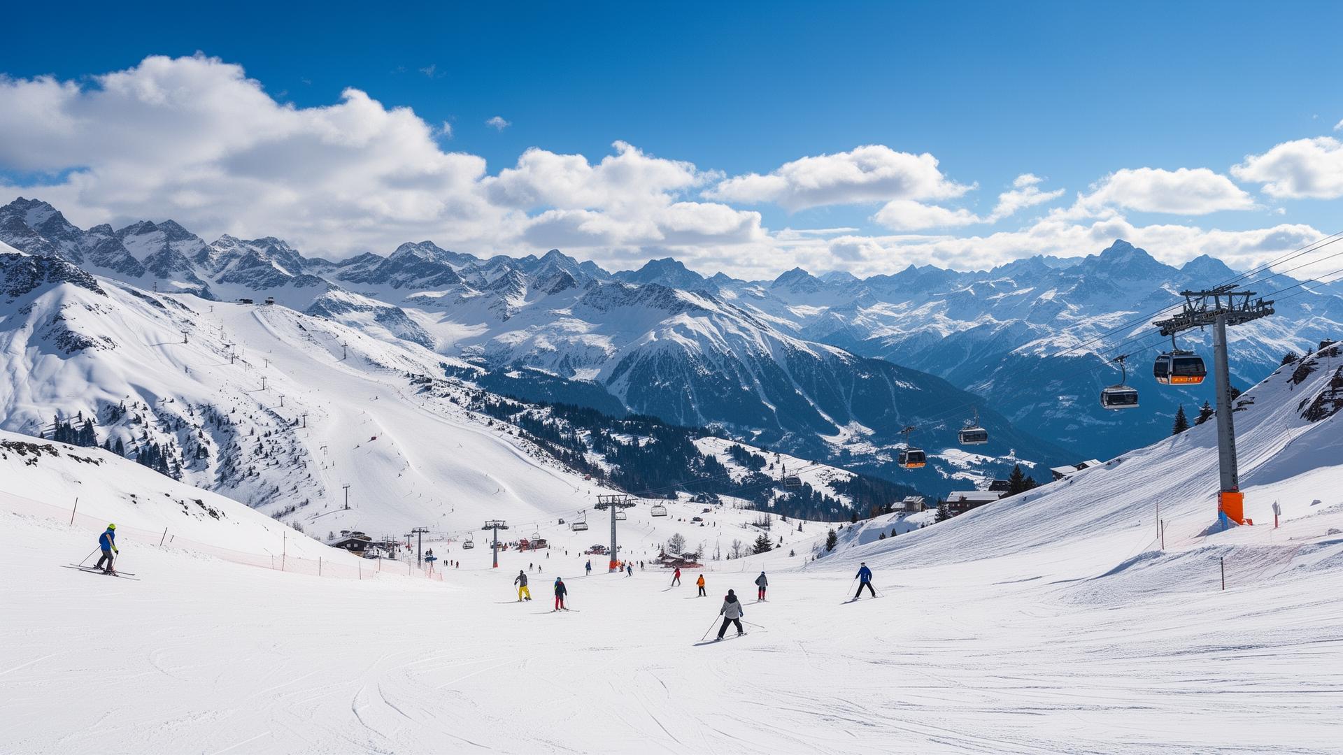 Familie på skiferie i Alperne med sneklædte bjerge og perfekte pister