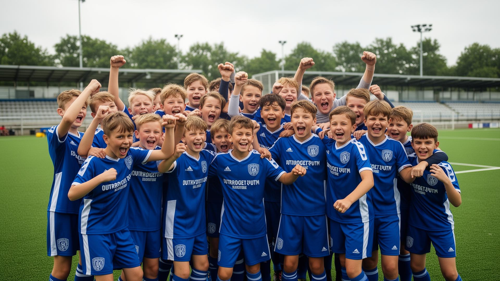 Sportshold på træningslejr med fodboldbane og faciliteter i baggrunden